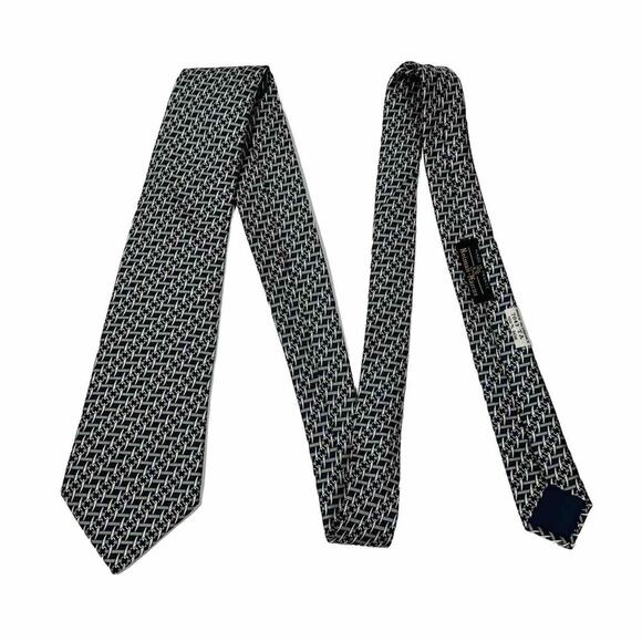 HERMES Tie Necktie Silk Handmade Tusk Chain Link Pattern 7043Dark Blue Beige - Picture 2 of 6